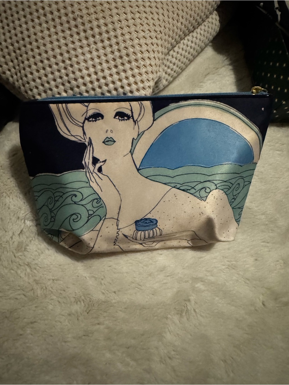 Surprises Inside ! Canvas Art-Print Cosmetic Pouch in Navy and Light Blue
